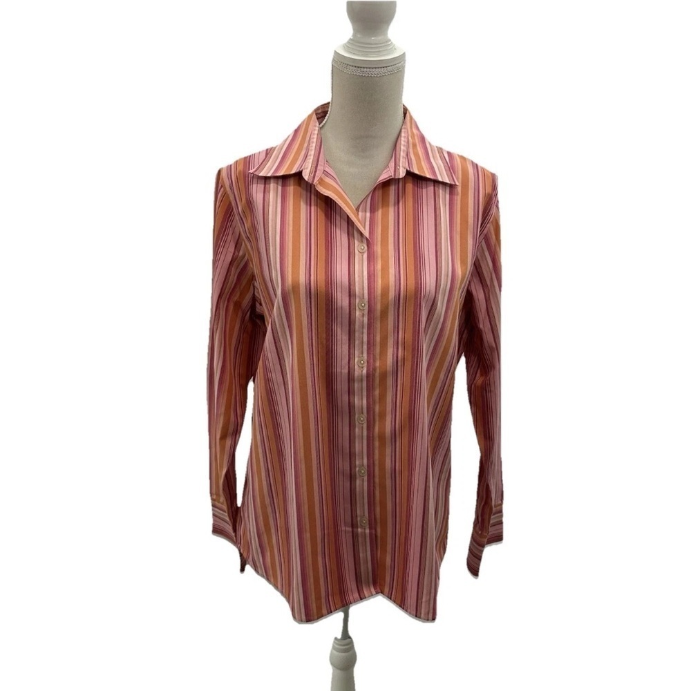 Eddie Bauer Wrinkle Resistant Orange Pink Striped Button Shirt Women’s Large